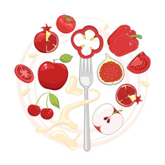 Fresh red vegetables and fruits and fork with bell pepper, vector illustration. Healthy food, vegan diet.