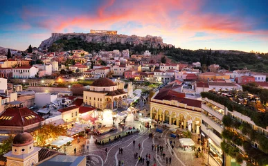 Fotobehang Panoramic view over the old town of Athens and the Parthenon Temple of the Acropolis during sunrise © TTstudio