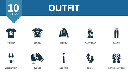 Outfit set. Creative icons: t-shirt, jersey, hoody, waistcoat, pants, underwear, gloves, necktie, socks, beach slippers.