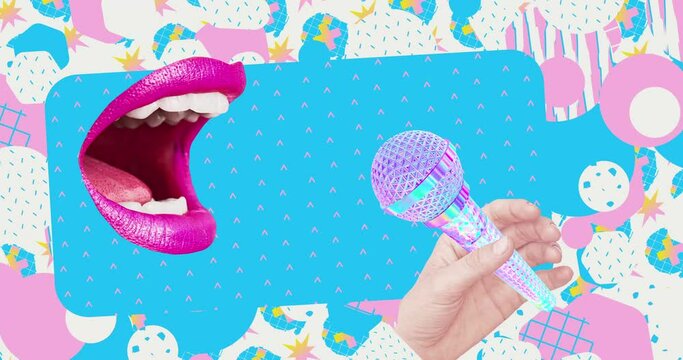 Photo loop collage animation. Modern trippy design. Funny lips and karaoke concept