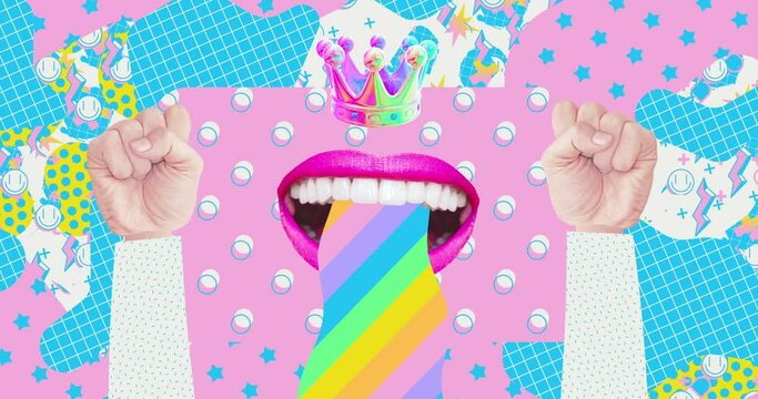 Photo loop collage animation. Modern Trippy design. Funny lips and rainbow, creative motion background