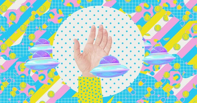 Photo loop collage animation. Modern trippy design. Arm and flying saucer in creative motion space