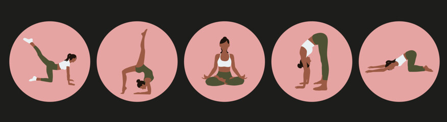 Black girls icons in pink circles doing yoga exercise sport in white top and green leggings on black background for mobile apps set