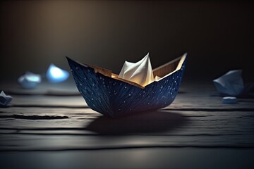 Light bokehs around a close up of an origami boat set against a dark blue wooden background. imaginative plan. Perspective portrait. Generative AI