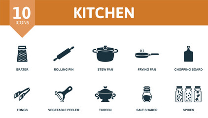 Kitchen set. Creative icons: grater, rolling pin, stew pan, frying pan, chopping board, tongs, vegetable peeler, tureen, salt shaker, spices. - obrazy, fototapety, plakaty