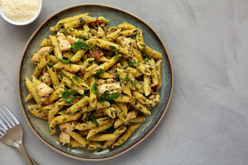 Homemade One-Pot Chicken Spinach Bacon Alfredo Pasta Ready to Eat. Copy space.