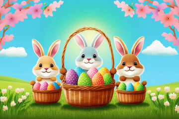 Easter Bunnies and Colorful Eggs in a Lush Spring Field: A Playful and Charming Image Created with Midjourney