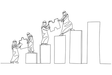 Cartoon of arab businessman and team bring puzzle to the top. Concept of teamwork. Single continuous line art style