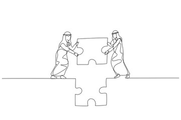 Illustration of arab businessman and partner hold puzzle and try to make bridge. Concept of cooperation. One line art style