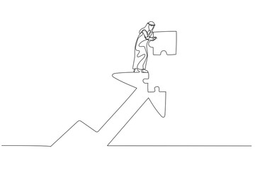 Drawing of arab businessman put last piece of jigsaw puzzle to complete rising up arrow. Concept of growth. Single line art style