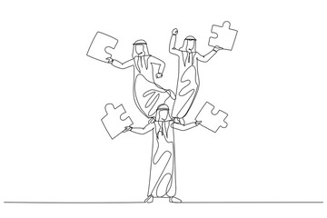 Drawing of arab businessman juggling puzzle from human tower. Concept of teamwork. Continuous line art style