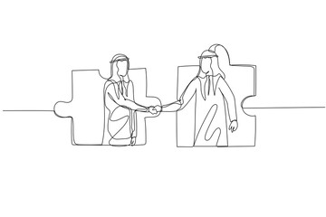 Cartoon of arab businessman inside jigsaw puzzle shake hand together. Concept of business agreement. One continuous line art style