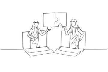 Drawing of arab businessman and coworker connecting jigsaw puzzle. Concept of business solution. Single continuous line art style