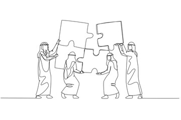 Cartoon of arab businessman with team bringing puzzle together. Concept of teamwork. One line art style