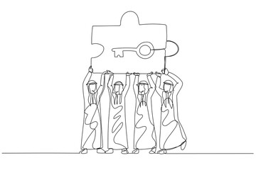Drawing of arab businessman and friend connecting jigsaw like keys. Concept of partnership. Single line art style
