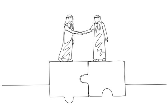 recommend clip art: Cartoon of arab businessman shake hand standing on jigsaw puzzle. Concept of collaboration. One line art style