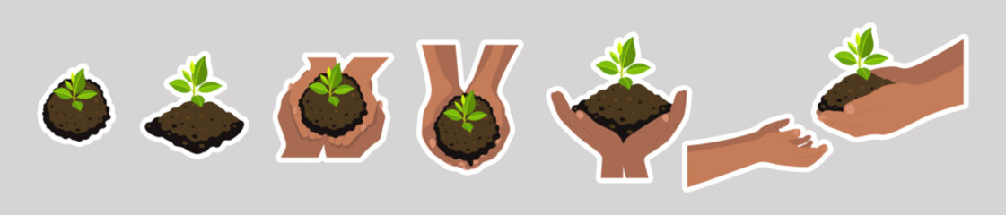 Black skin hands holding small tree for planting stickers. Green world, earth day, save our planet, eco life concept sticker pack. Vector illustrartion