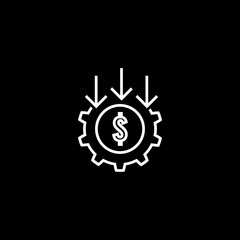 Dollar rate decrease icon isolated on black background. Money symbol with down arrow.