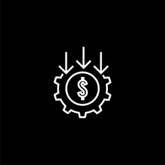 Dollar rate decrease icon isolated on black background. Money symbol with down arrow.