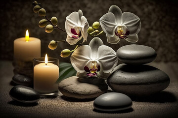 Spa concept, candles, towels, massage stones, soft light. Generated by AI technology 