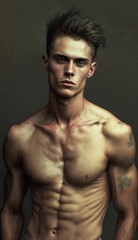 Fototapeta premium Young skinny guy, fitness model, with a strong jaw and pronounced cheekbones, dark hair, photo shoot. Generative AI.