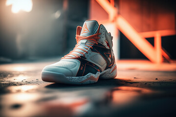 White and orange sneakers with orange background - obrazy, fototapety, plakaty