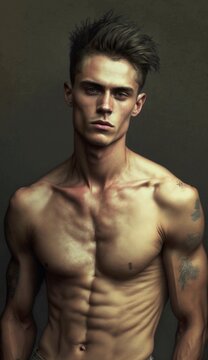Young skinny guy, fitness model, with a strong jaw and pronounced cheekbones, dark hair, photo shoot. Generative AI.