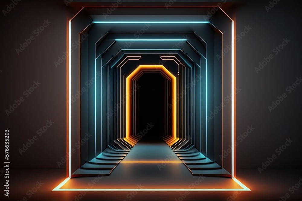 Poster neon geometric shape lit up against a pitch black tunnel backdrop. luminous laser lines. the use of 
