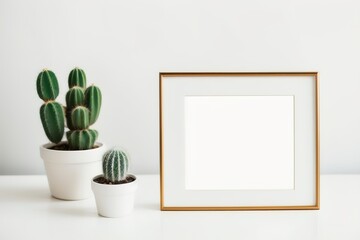 Blank picture frame mockup on desk. Scandinavian minimalist style. Interior items. Pot with cactus. Generative AI.