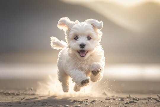 adorable white puppy with a huge grin running. Generative AI