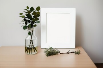 Blank picture frame mockup on desk. Scandinavian minimalist style. Interior items. Vases with dried flowers. Generative AI.