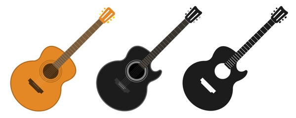 Guitar acoustic vector silhouette simple graphic and flat cartoon black white design illustration, modern and old retro musical instrument clipart image - obrazy, fototapety, plakaty