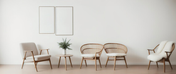Fototapeta premium Blank picture frame mockup on desk. Scandinavian minimalist style. Interior items. Generative AI.