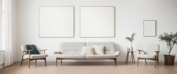 Blank picture frame mockup on desk. Scandinavian minimalist style. Interior items. Generative AI.