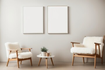 Blank picture frame mockup on desk. Scandinavian minimalist style. Interior items. Armchairs against the wall.  Generative AI.