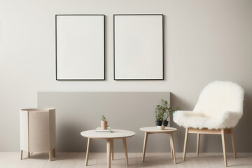 Blank picture frame mockup on desk. Scandinavian minimalist style. Interior items. Armchairs against the wall.  Generative AI.