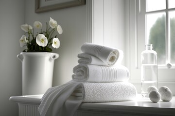Towels made of white cotton sit on a white table in a light bathroom. Used for montage in store displays. Generative AI