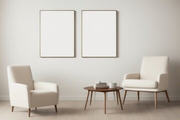 Blank picture frame mockup on desk. Scandinavian minimalist style. Interior items. Armchairs against the wall.  Generative AI.