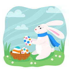 Cute Easter Bunny with painted eggs in a basket. Vector seasonal illustration in cartoon flat style.
