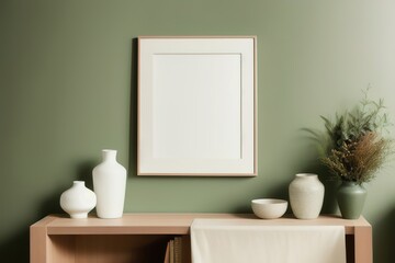 Fototapeta na wymiar Blank picture frame mockup on desk. Scandinavian minimalist style. Interior items. Vases with dried flowers. Generative AI.