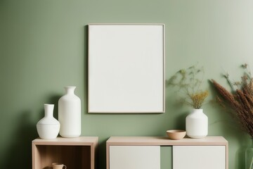 Blank picture frame mockup on desk. Scandinavian minimalist style. Interior items. Vases with dried flowers. Generative AI.