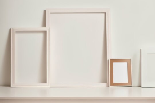Blank picture frame mockup on desk. Scandinavian minimalist style. Interior items. Generative AI.