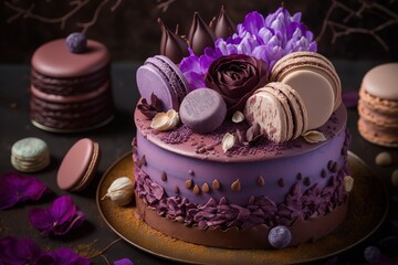 Beautiful purple cake decorate of fresh flowers, macaroons and meringue. Love concept, Wedding cake, birthday cake, spring background, AI generated