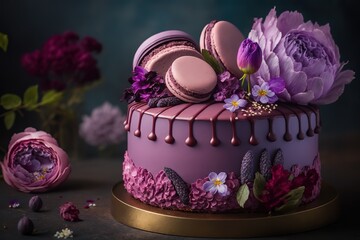 Beautiful purple cake decorate of fresh flowers, macaroons and meringue. Love concept, Wedding cake, birthday cake, spring background, AI generated