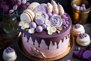 Beautiful purple cake decorate of fresh flowers, macaroons and meringue. Love concept, Wedding cake, birthday cake, spring background, AI generated