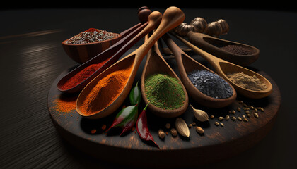 Wooden spoons and condiments, stylized concept kitchen cooking image, cinnamon, pepper, ground pepper. Generative AI.