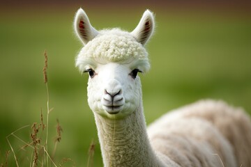 Obraz premium One white alpaca grazes peacefully in a field of green. An alpaca's head is the sole subject of this close up photograph. Generative AI