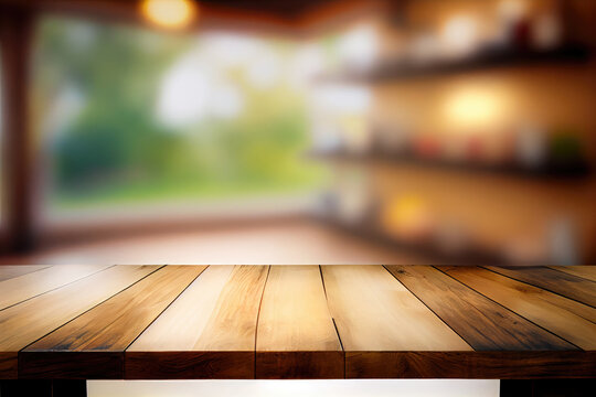 Empty Wooden Table Top With Out Of Focus Lights Bokeh Rustic Farmhouse Kitchen Background