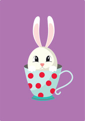 
white cute bunny in a cup illustration, bunny ears