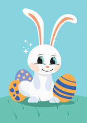 Easter greeting card with a cute white bunny. with colored Easter eggs
